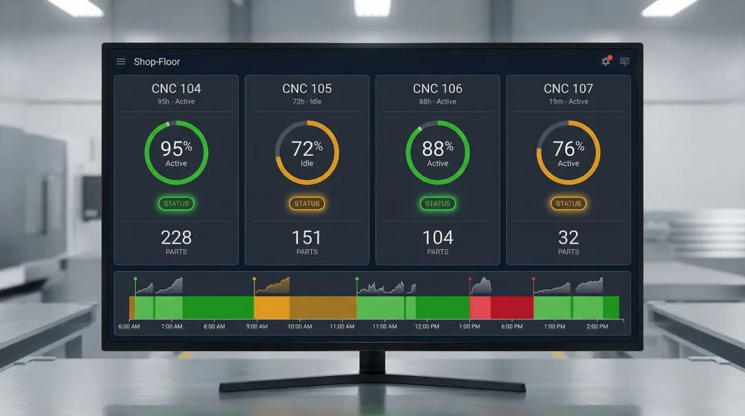 CNC machine shop monitoring dashboard showing real-time utilization and idle time metrics