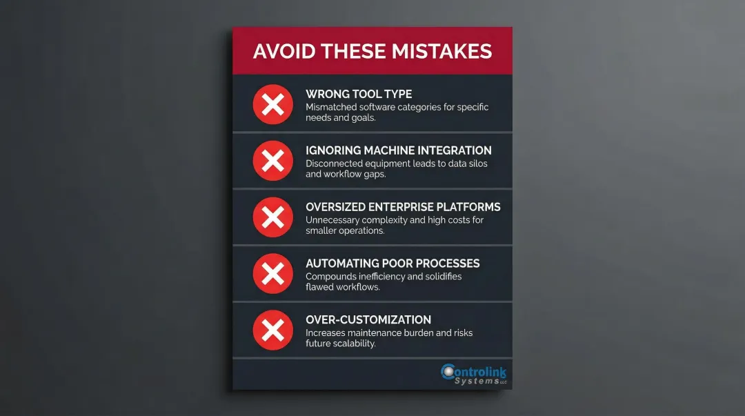 Five common manufacturing software selection mistakes to avoid checklist infographic