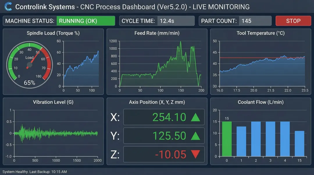 Controlink Systems shop-floor HMI dashboard displaying live CNC process monitoring data