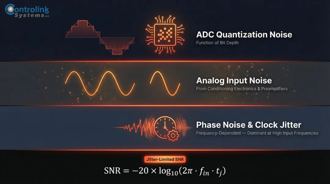 DAQ system noise floor contributors including quantization jitter and spurious artifacts comparison