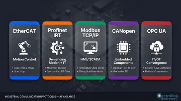 Five industrial communication protocols comparison chart EtherCAT Profinet Modbus CANopen OPC-UA