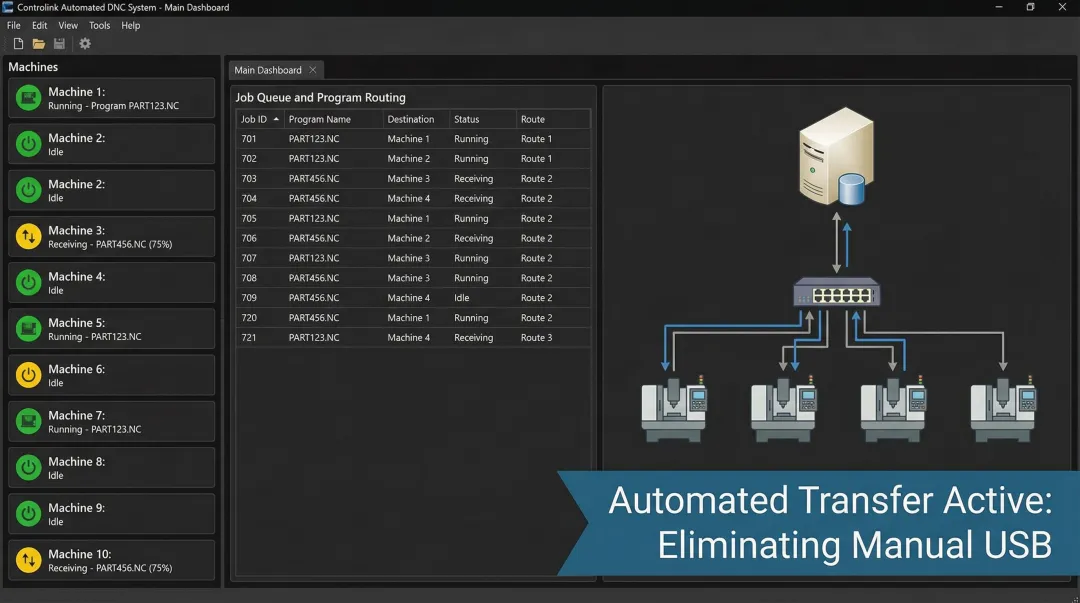 CNC DNC automation system interface showing program transfer and machine communication dashboard