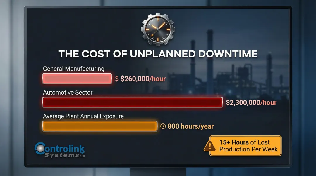 Unplanned manufacturing downtime cost per hour comparison across industry sectors