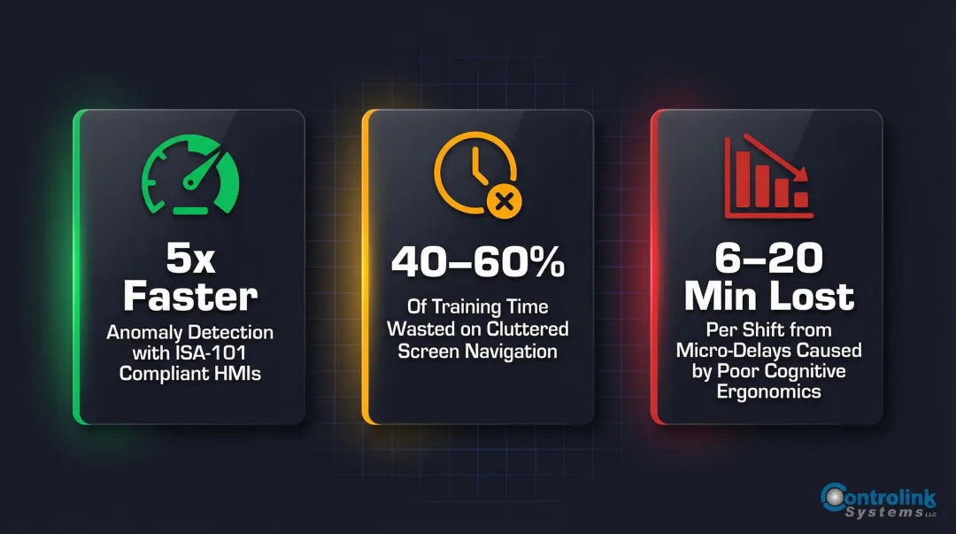 HMI usability statistics showing operator productivity impact of poor interface design