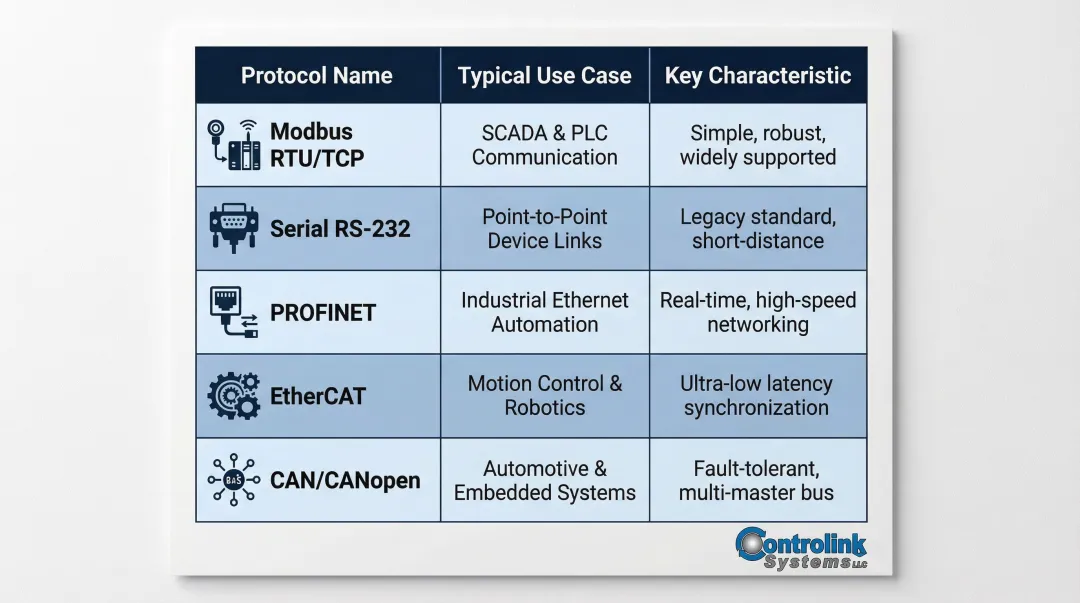 Five industrial communication protocols comparison chart for manufacturing automation
