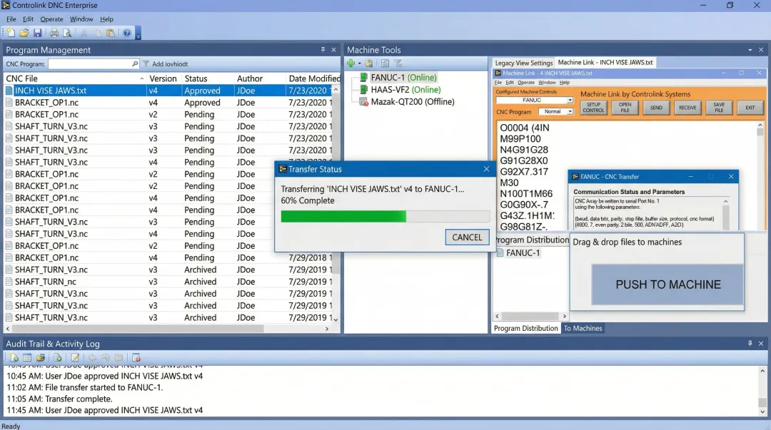 CNC DNC software interface distributing approved program files to shop floor machine tools