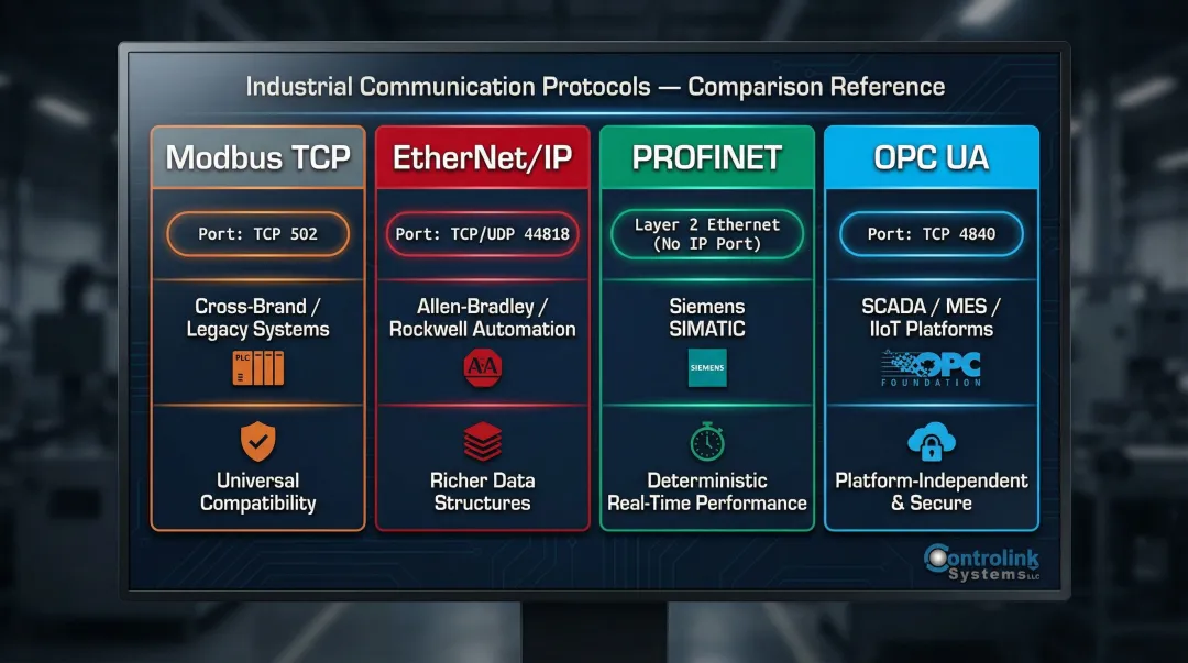 Four industrial HMI communication protocols comparison chart ports and use cases