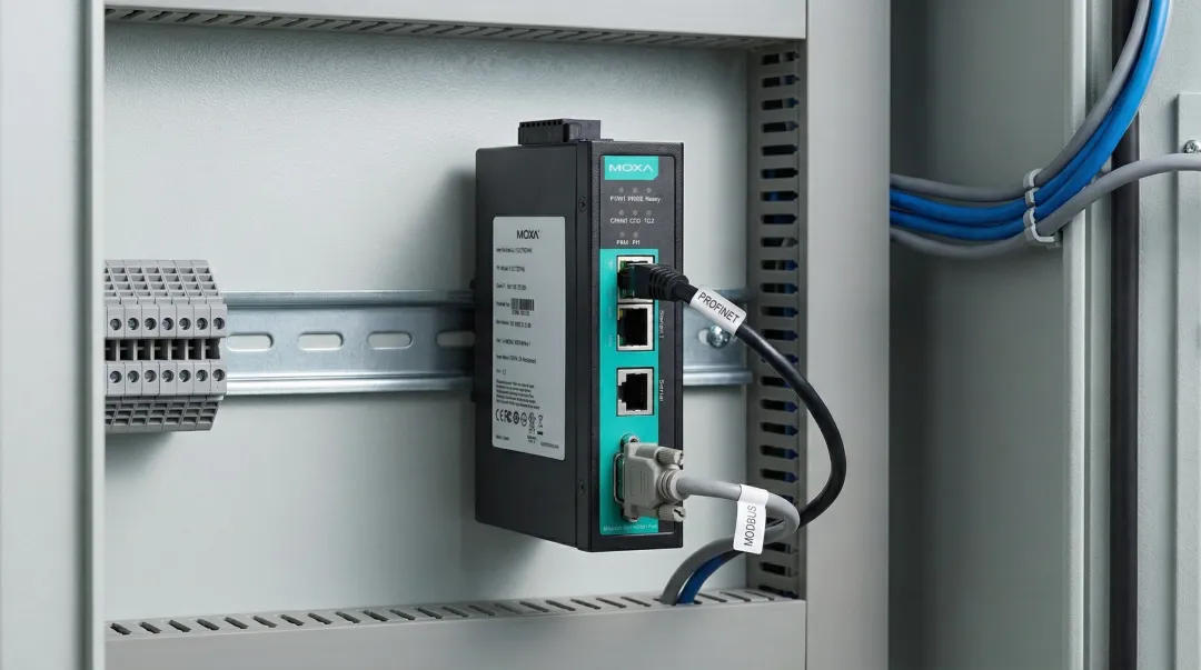 Industrial PROFINET protocol gateway device connecting legacy Modbus equipment to Ethernet network