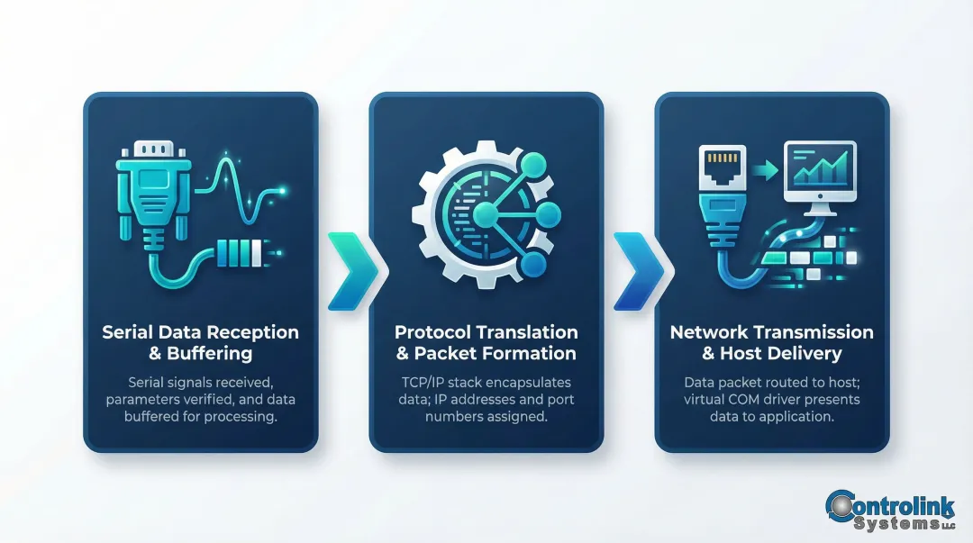 3-stage serial-to-Ethernet conversion process flow from reception to host delivery