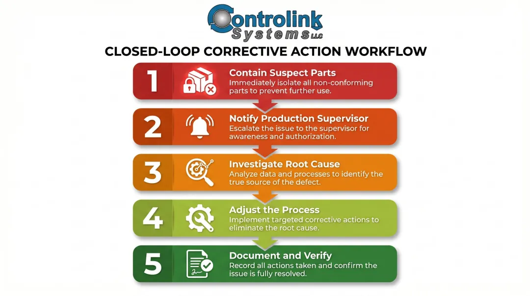 5-step closed-loop IPQC corrective action process from containment to verification