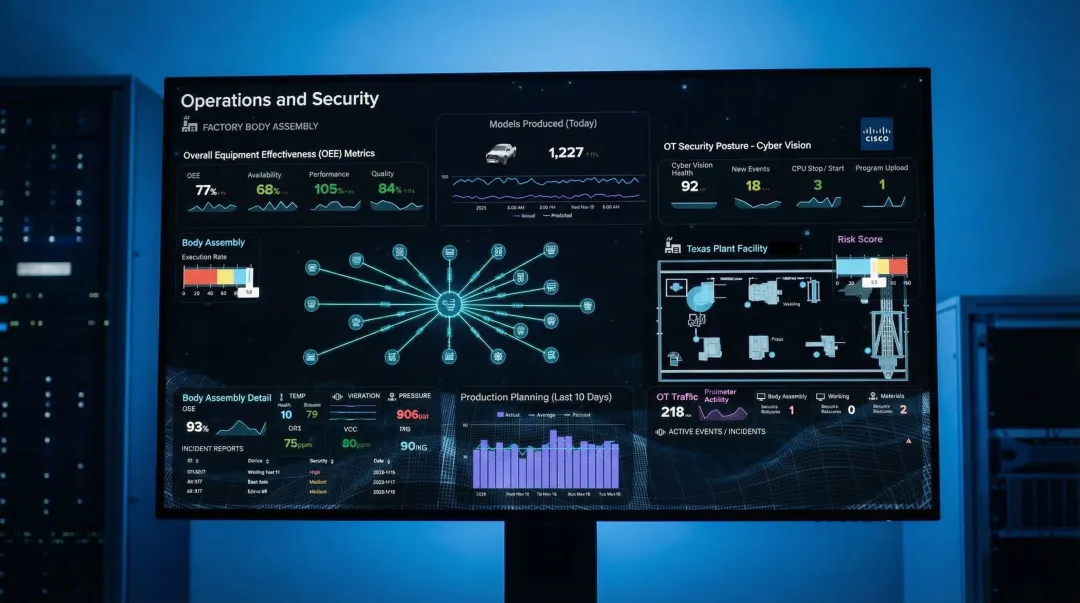 Industrial cybersecurity network monitoring dashboard protecting connected manufacturing OT systems