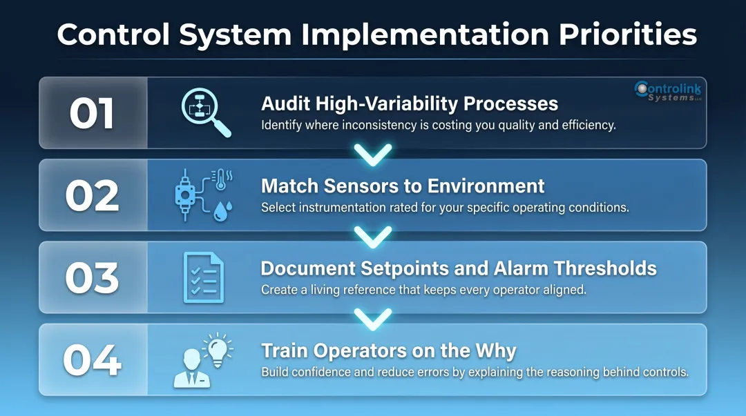 Four-step manufacturing control system implementation priority process flow infographic