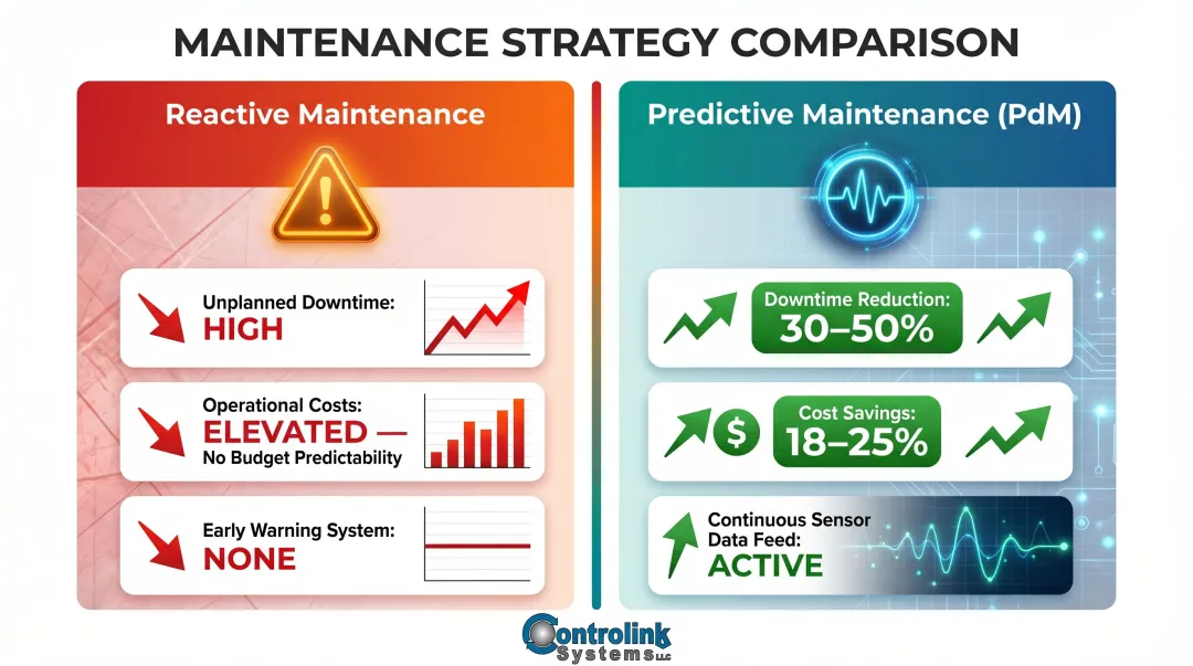 Predictive maintenance versus reactive maintenance cost and downtime reduction comparison chart