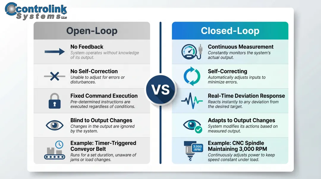 Open-loop versus closed-loop manufacturing control systems side-by-side comparison infographic