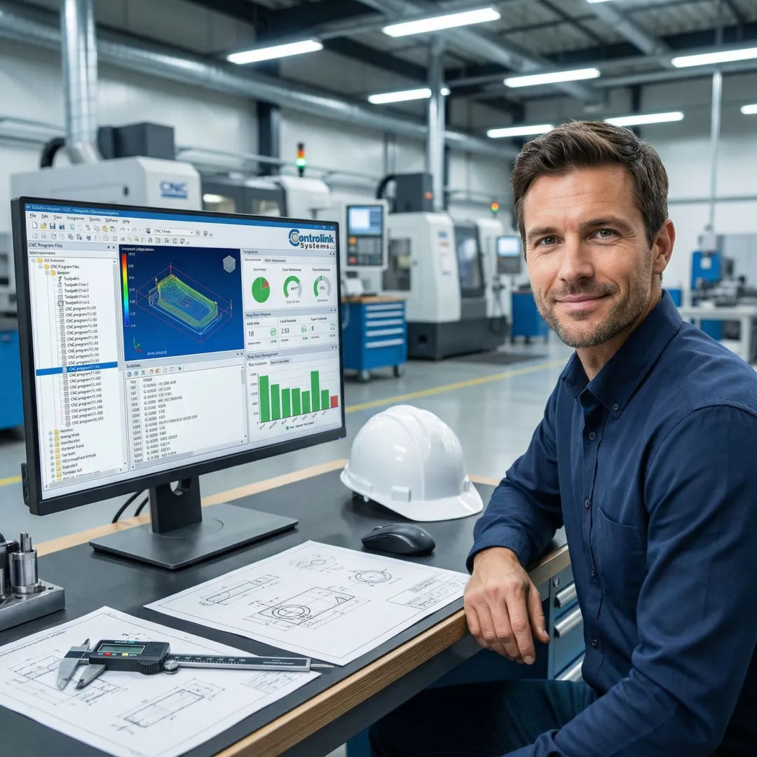 Engineer using manufacturing operations management software interface on a desktop in a CNC machine shop
