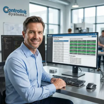 Engineering workstation displaying CNC program version control and digital document management dashboard