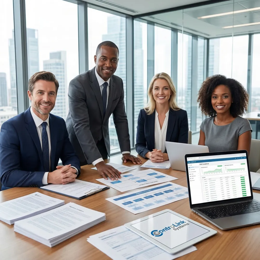 Business team reviewing TCPA compliance workflow and DNC data management system