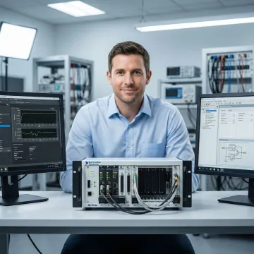 Engineer configuring a NI PXIe data acquisition system at a test workstation