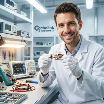 Engineer inspecting a custom-designed industrial sensor on a manufacturing workbench