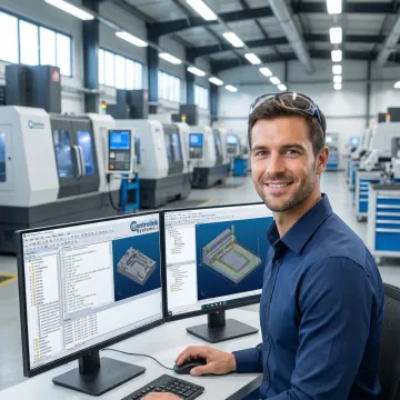 CNC machinist using shop-floor automation software on a computer connected to multiple CNC machines