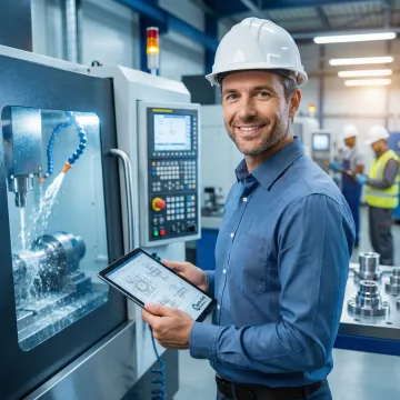Manufacturing engineering consultant reviewing CNC machine operations on a shop floor