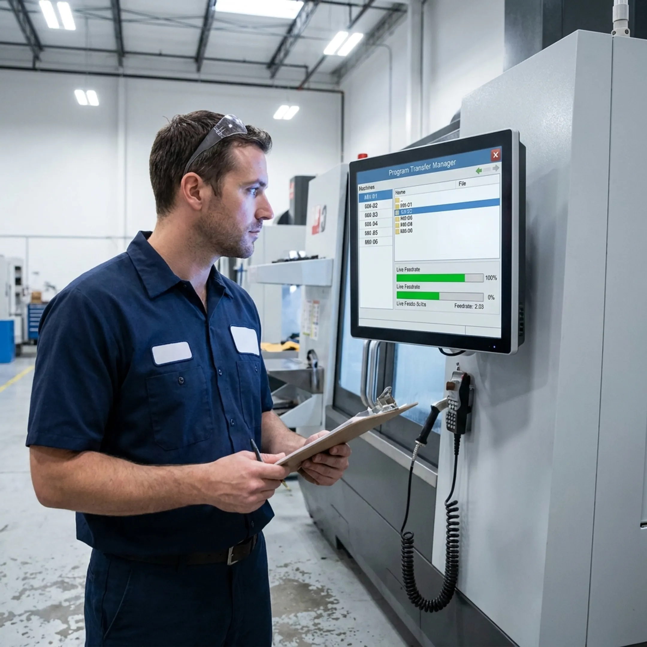 Machinist managing program workflow at a CNC control panel