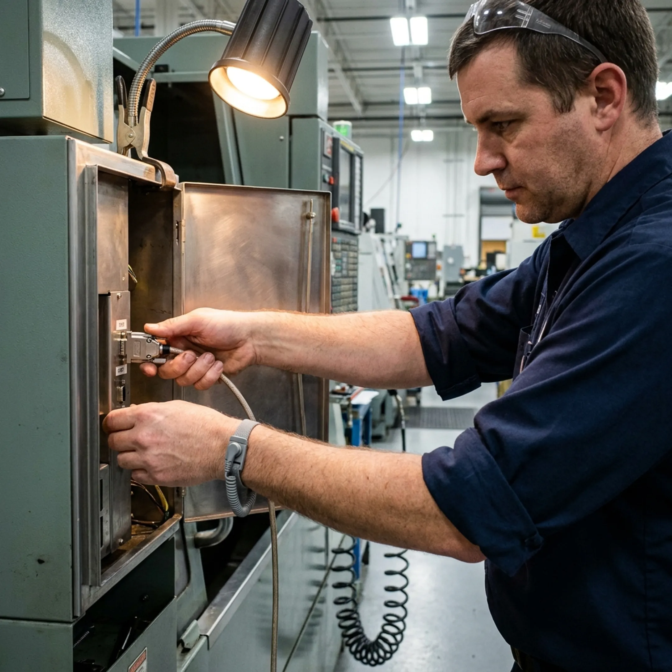 Engineers setting up networked communications on a CNC control console