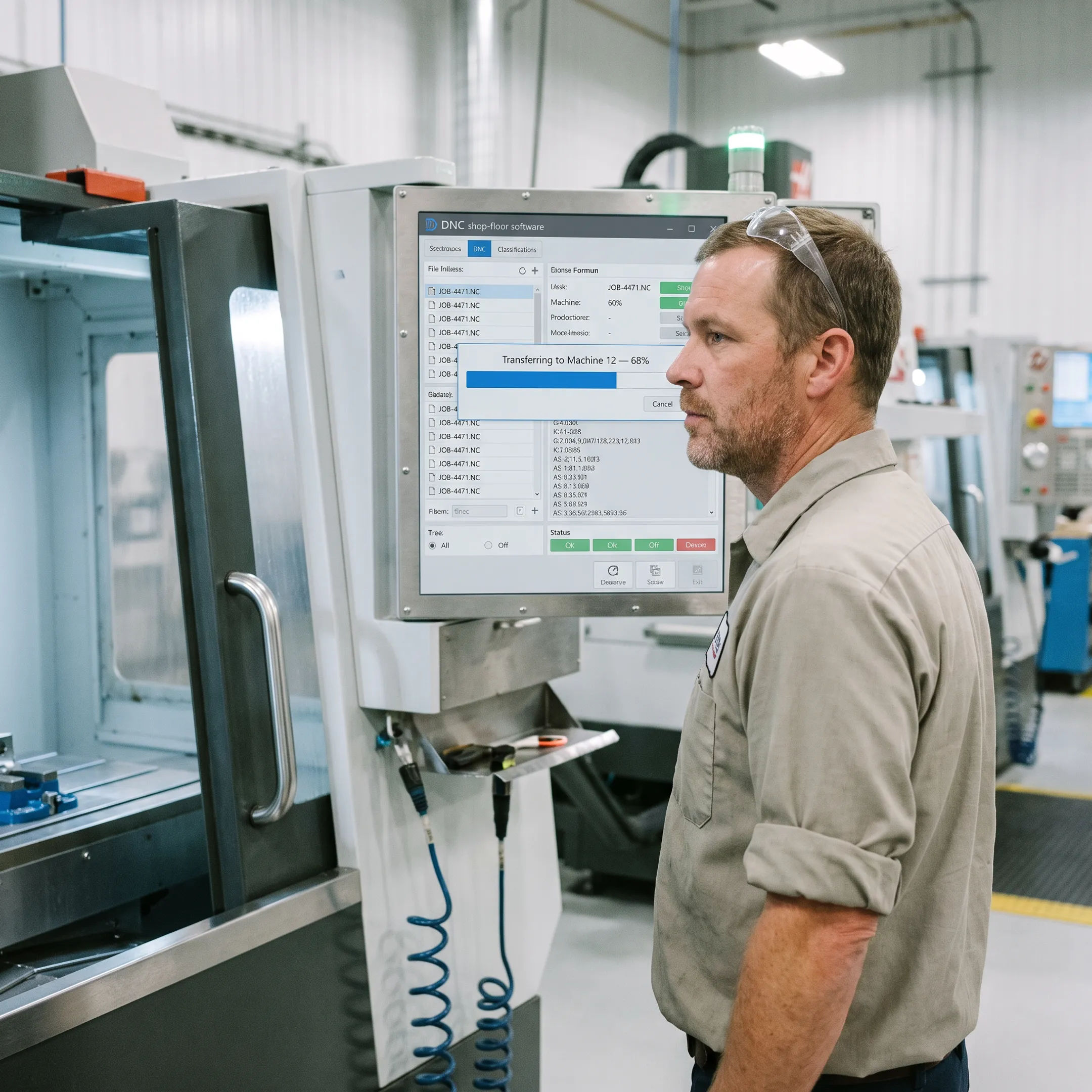 CNC machinist operating a networked machine tool control
