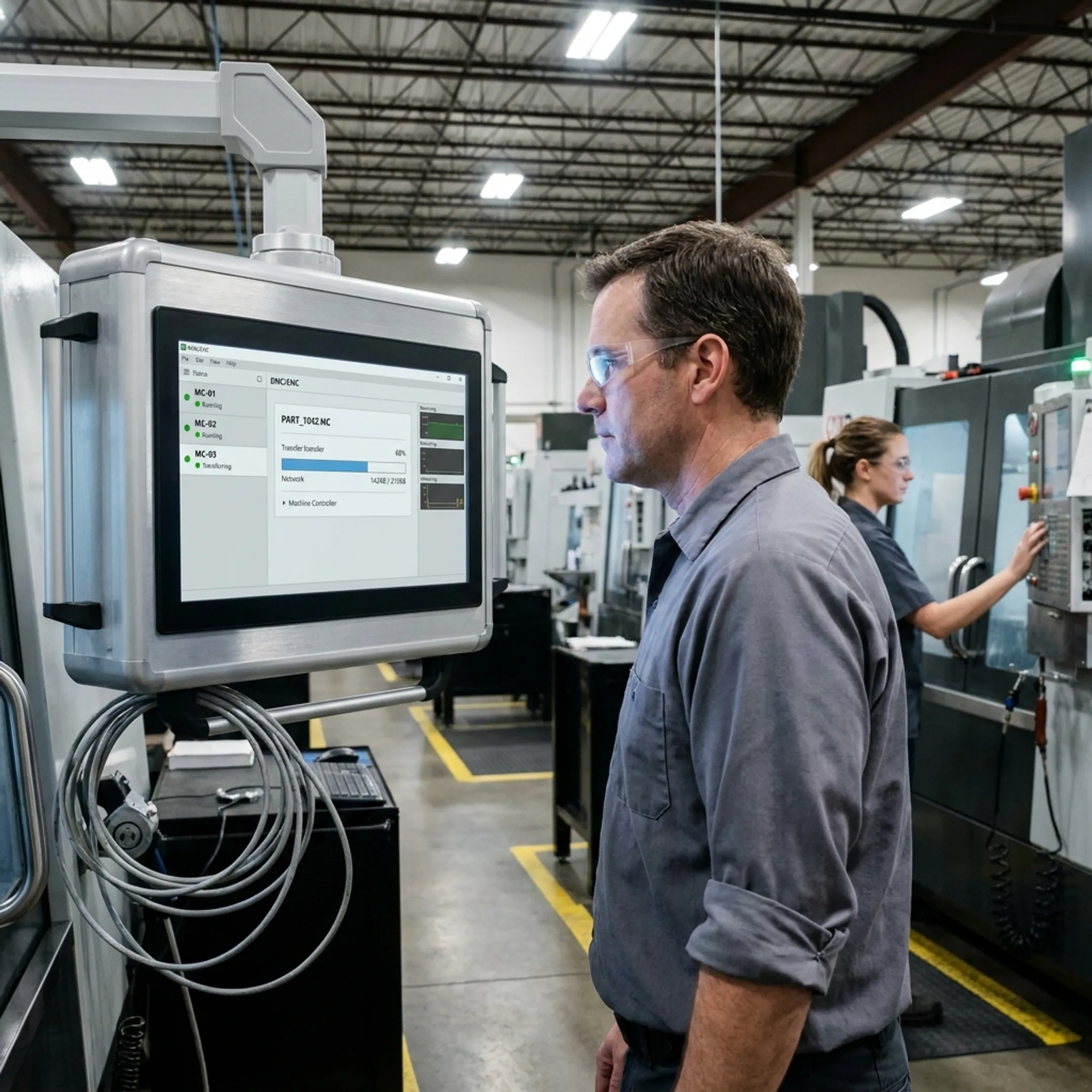 CNC machine shop floor with automated DNC software managing program delivery