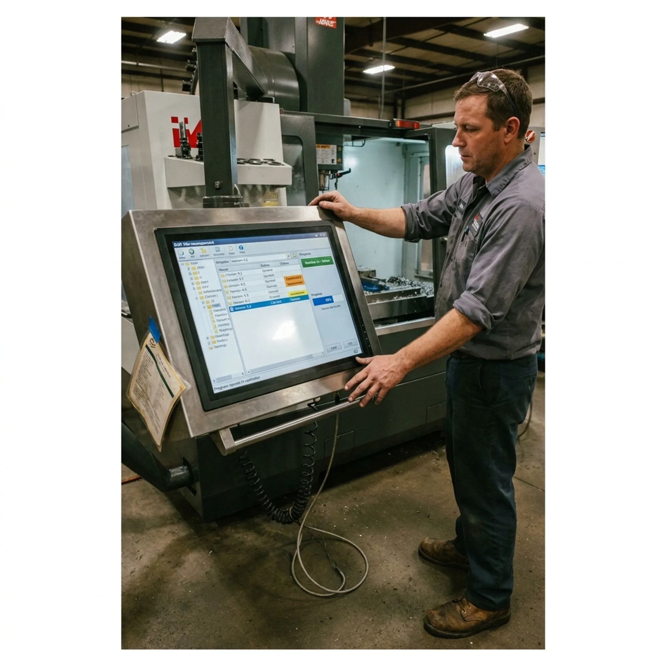 CNC operator reviewing version controlled program on machine control