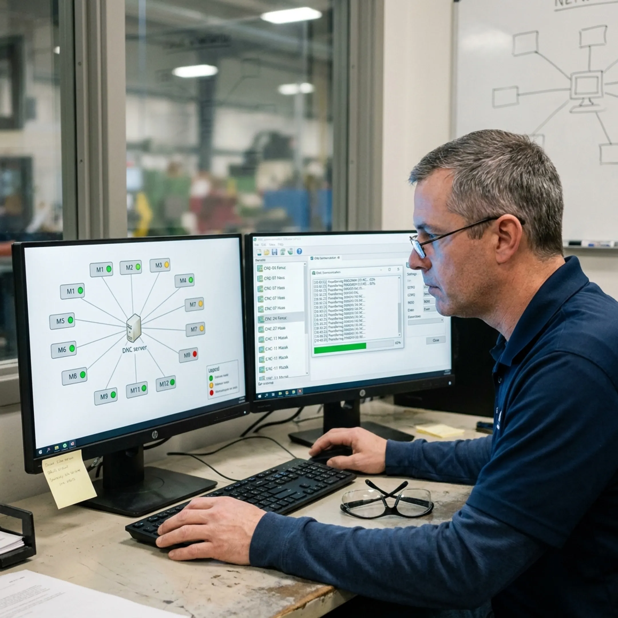 Technician reviewing isolated machine communications on computer