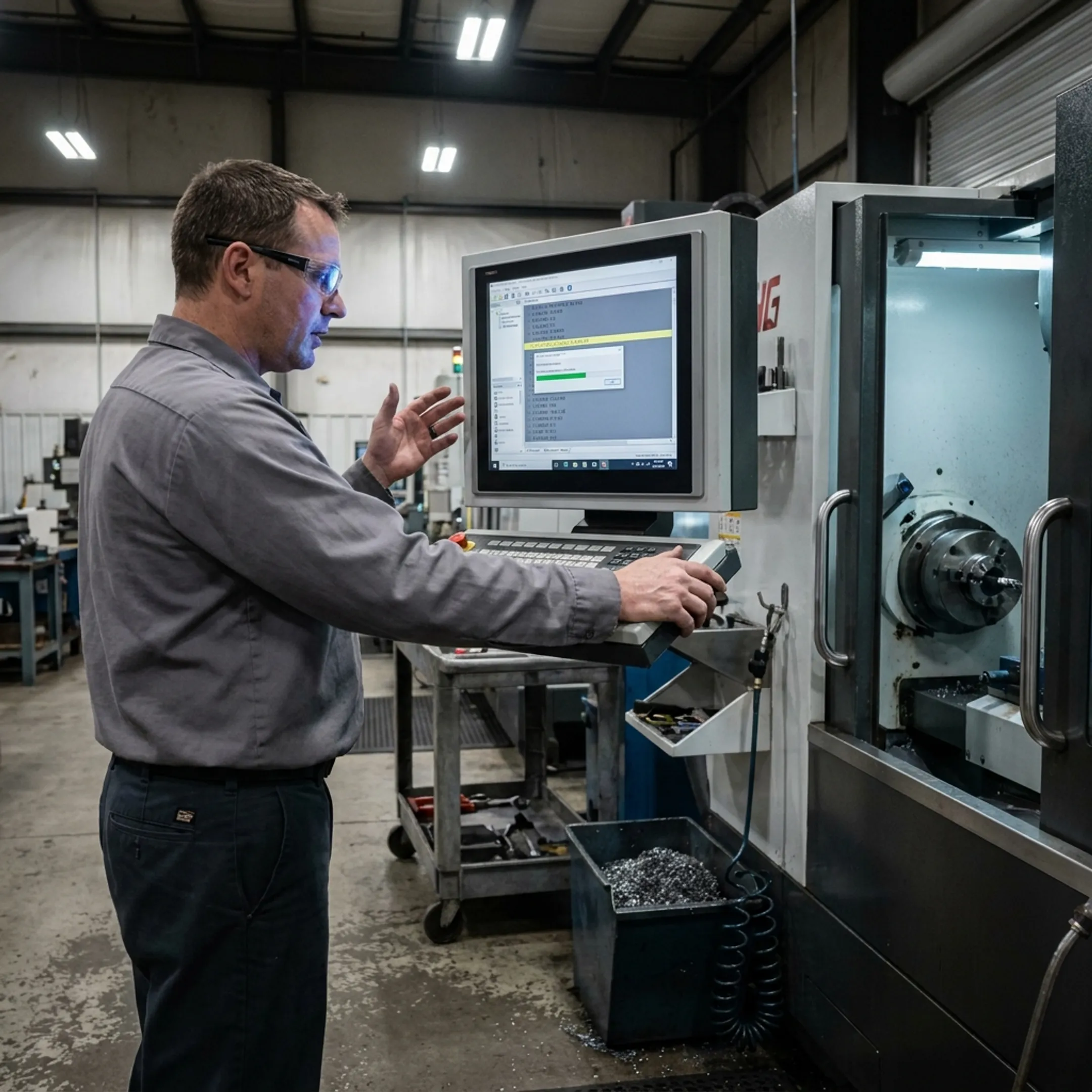 CNC machinist operating machine tool control with automated program delivery