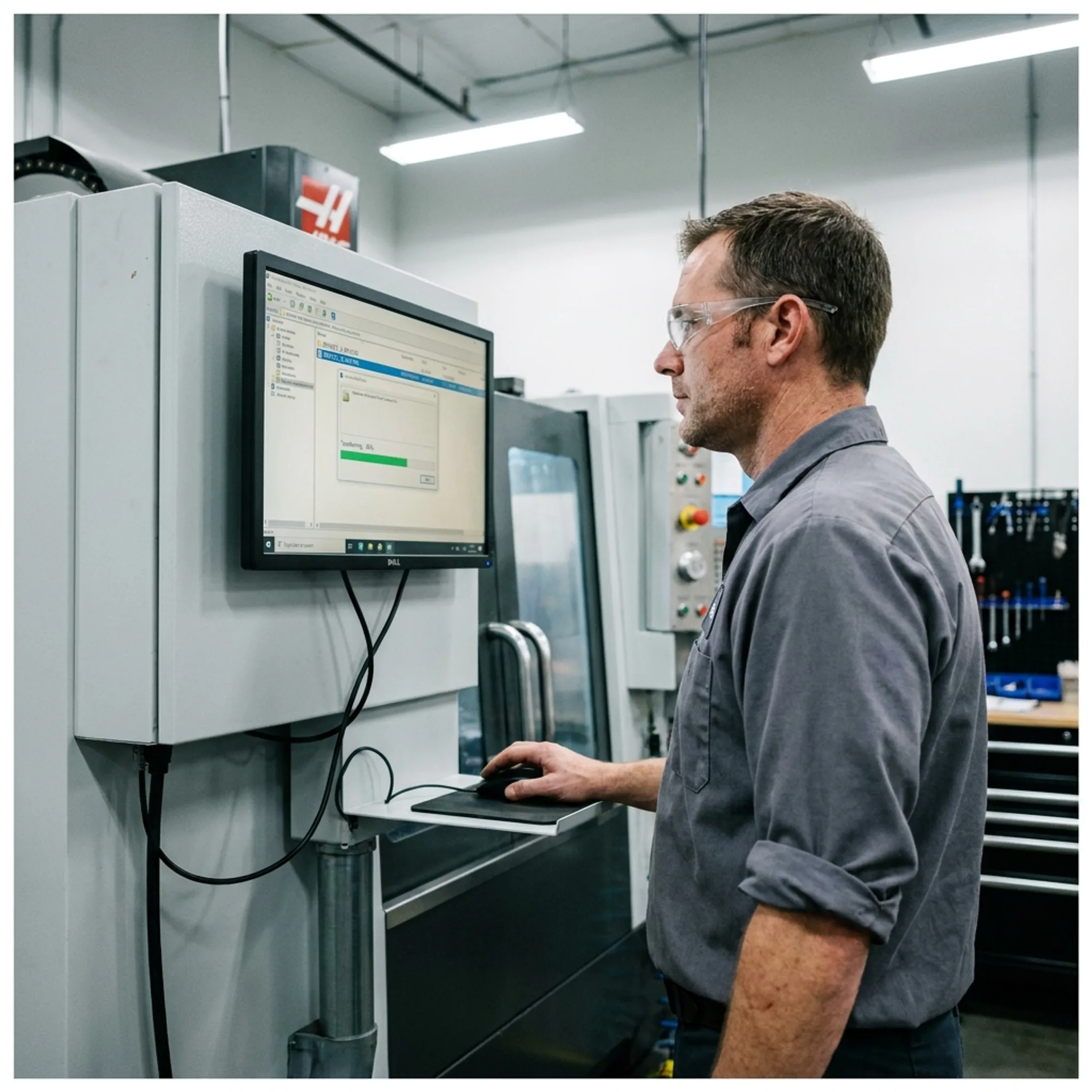 CNC operator transferring approved G-code file at machine tool control console