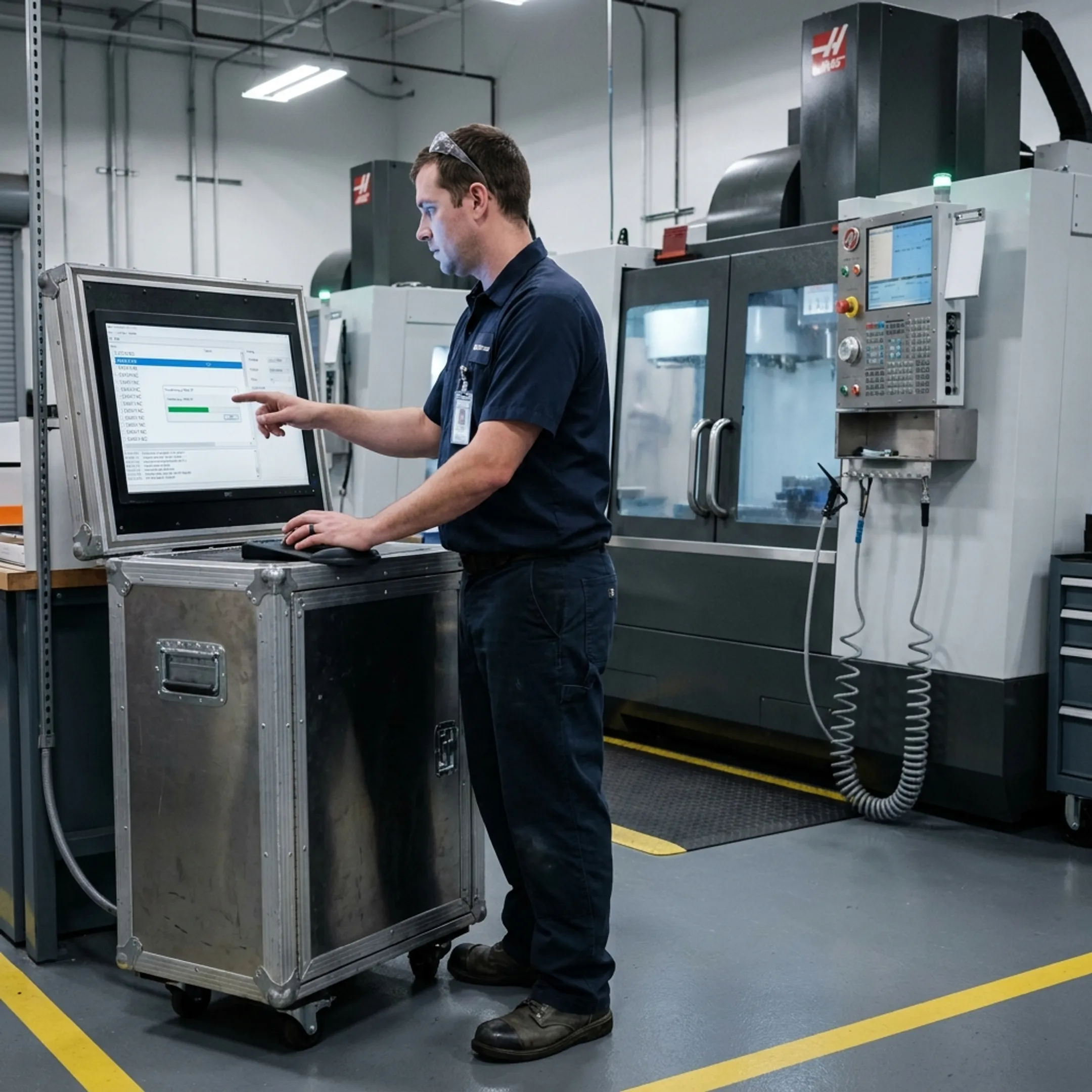 CNC machine operator transferring program files via industrial software interface