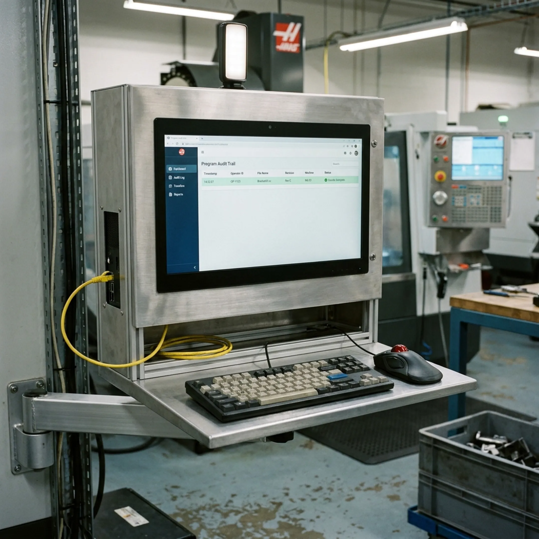 Manufacturing dashboard showing CNC program revision logs and user timestamps