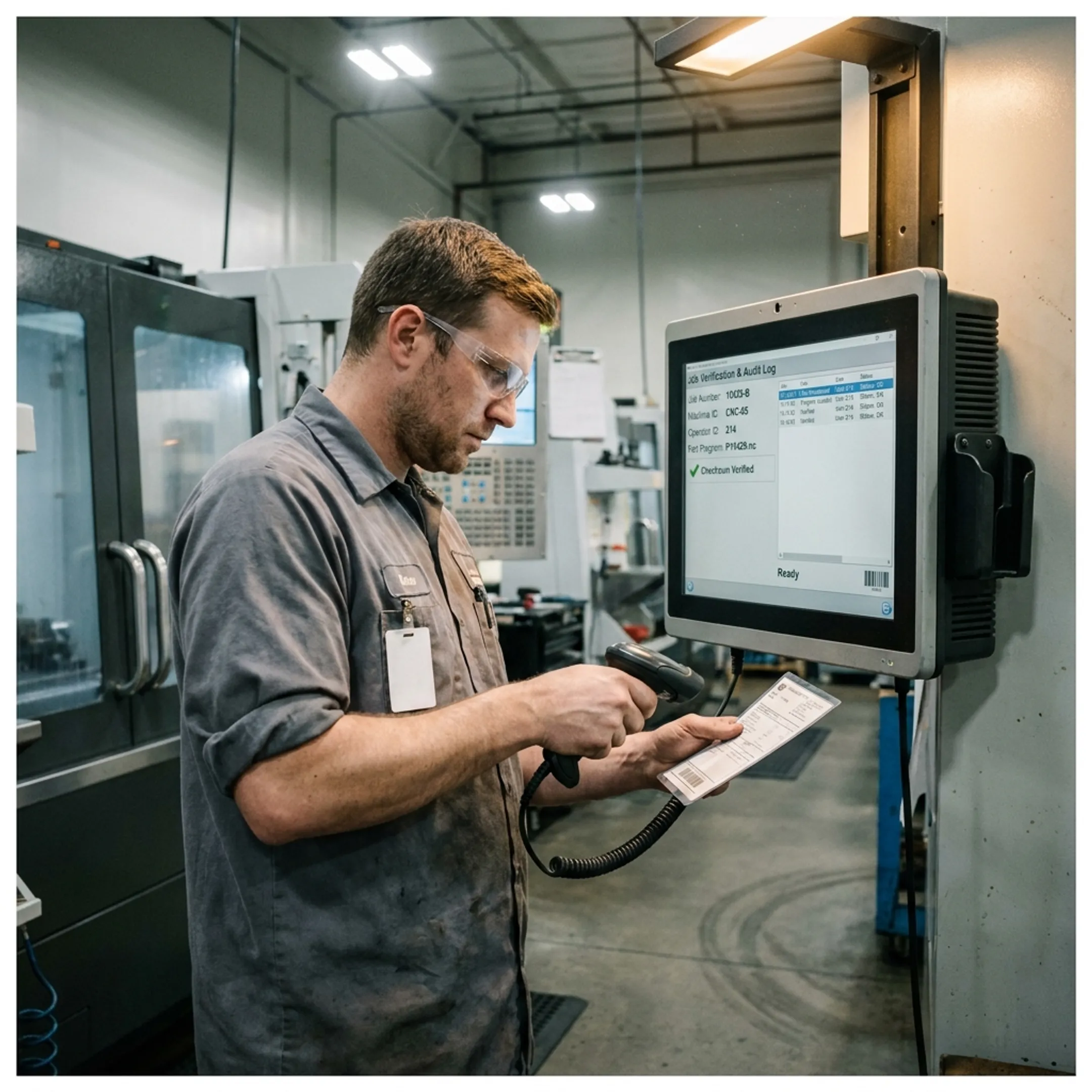 CNC machine operator scanning barcode for program audit trail logging