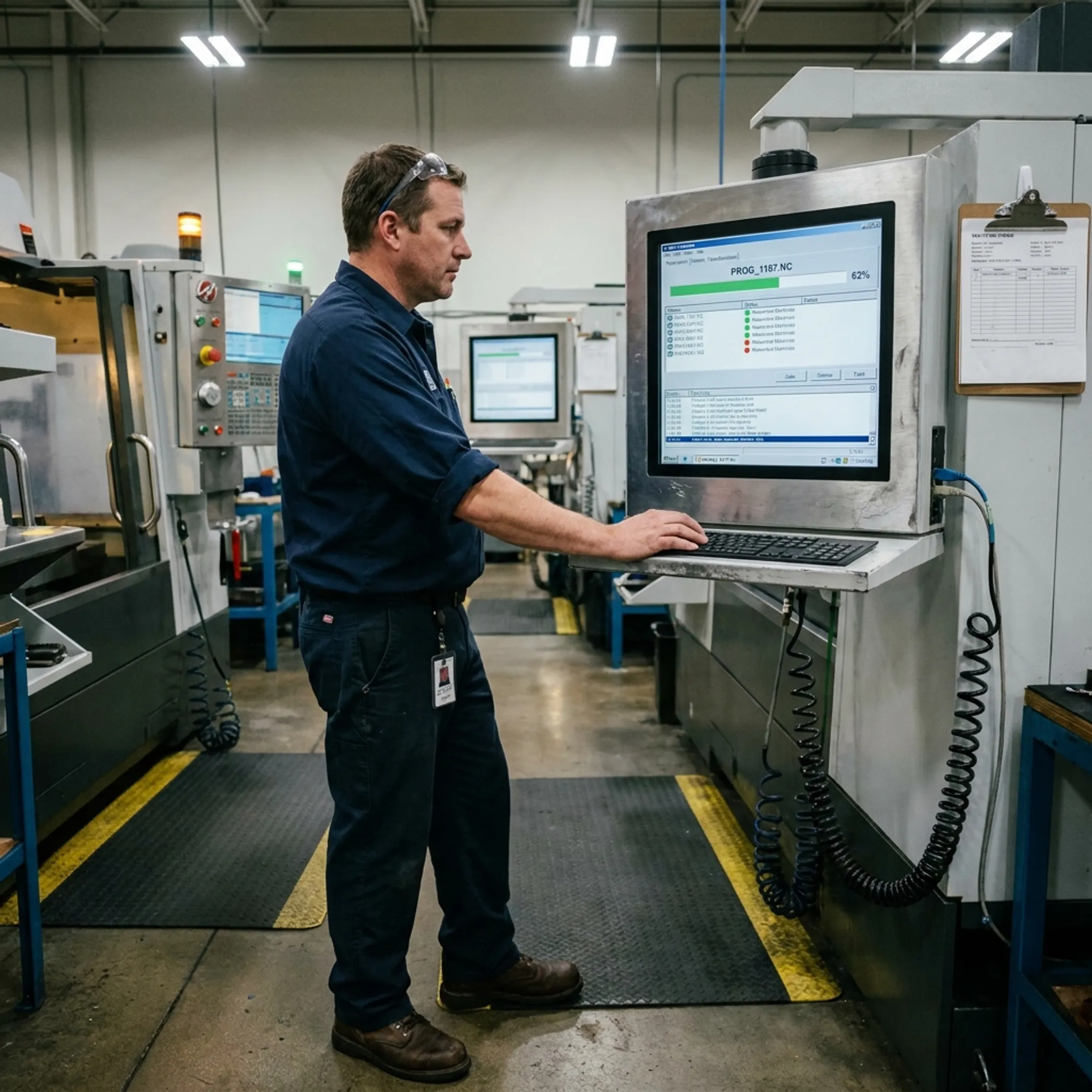 Machinist monitoring secure CNC program delivery on a shop floor terminal