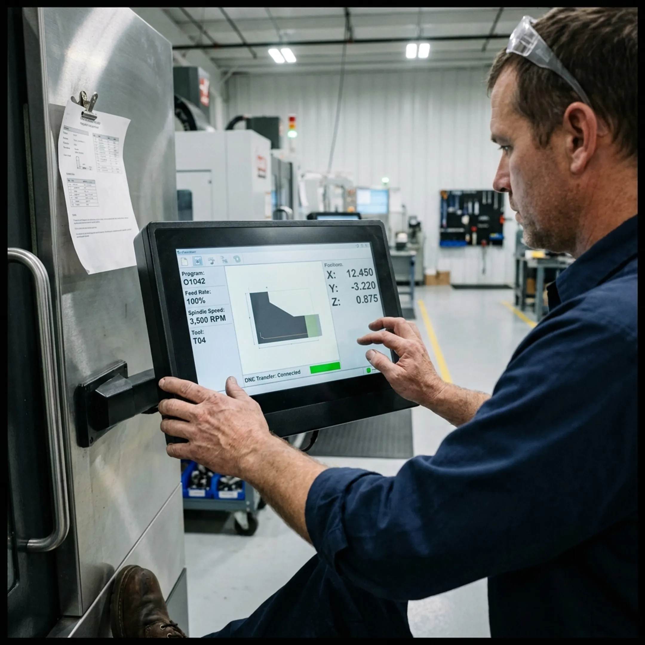 Machinist checking CNC control panel with automated program loaded