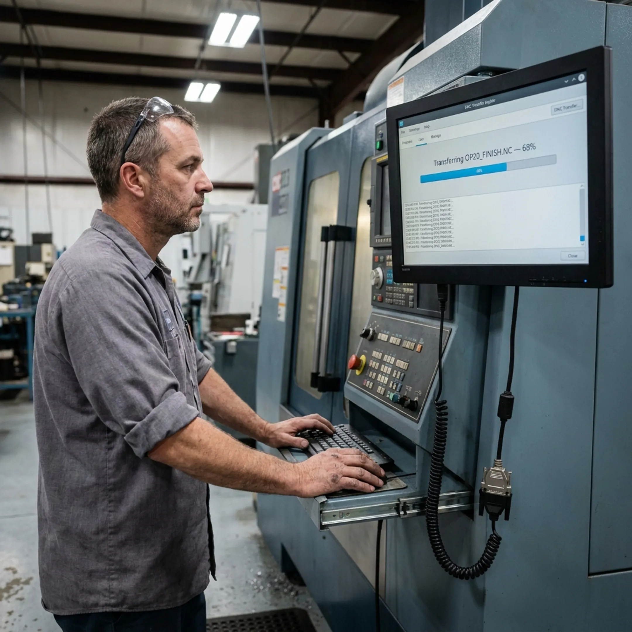 CNC machine operator accessing automated program delivery on shop floor