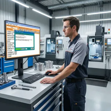 Manufacturing software engineer monitoring CNC machine data on a shop-floor workstation