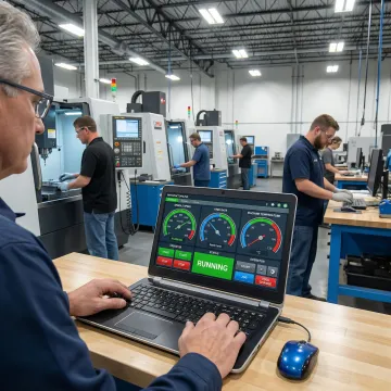 Custom manufacturing software interface displayed on an industrial computer in a CNC machine shop