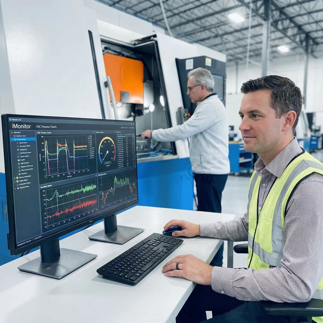 Technician reviewing real-time machine monitoring data on a computer in a manufacturing facility