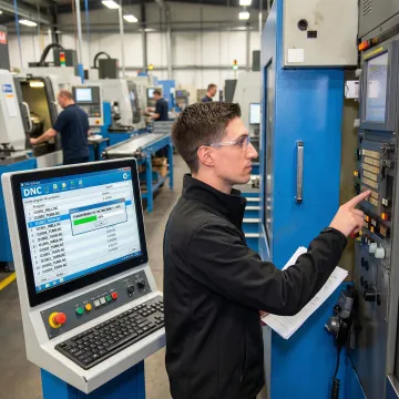 CNC machine operator transferring G-code files using DNC software on a shop floor