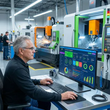 Manufacturing engineer reviewing CNC program files on a shop floor control software dashboard in a production facility