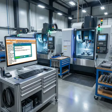 Shop floor control software interface displayed on a computer monitor next to CNC machine tools in a manufacturing facility