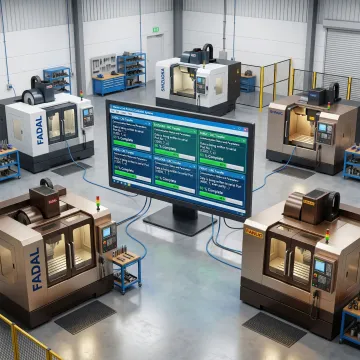 Real-time machine monitoring software dashboard displaying CNC machine status on a shop floor