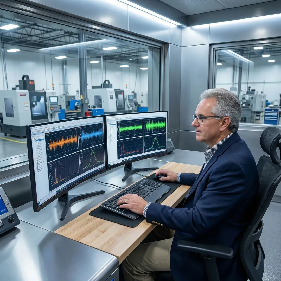 Engineer reviewing real-time machine monitoring data on dual screens in a manufacturing control room