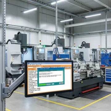 DNC software interface displaying CNC program file transfer on a shop-floor computer connected to CNC machine tools