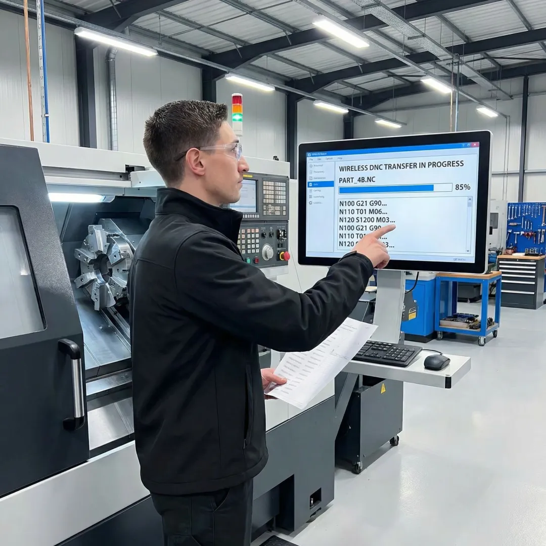 Machinist at CNC machine receiving program file via DNC software without leaving the workstation