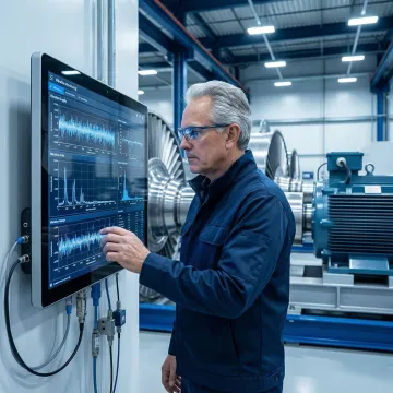 Industrial vibration monitoring system connected to rotating machinery on a factory floor